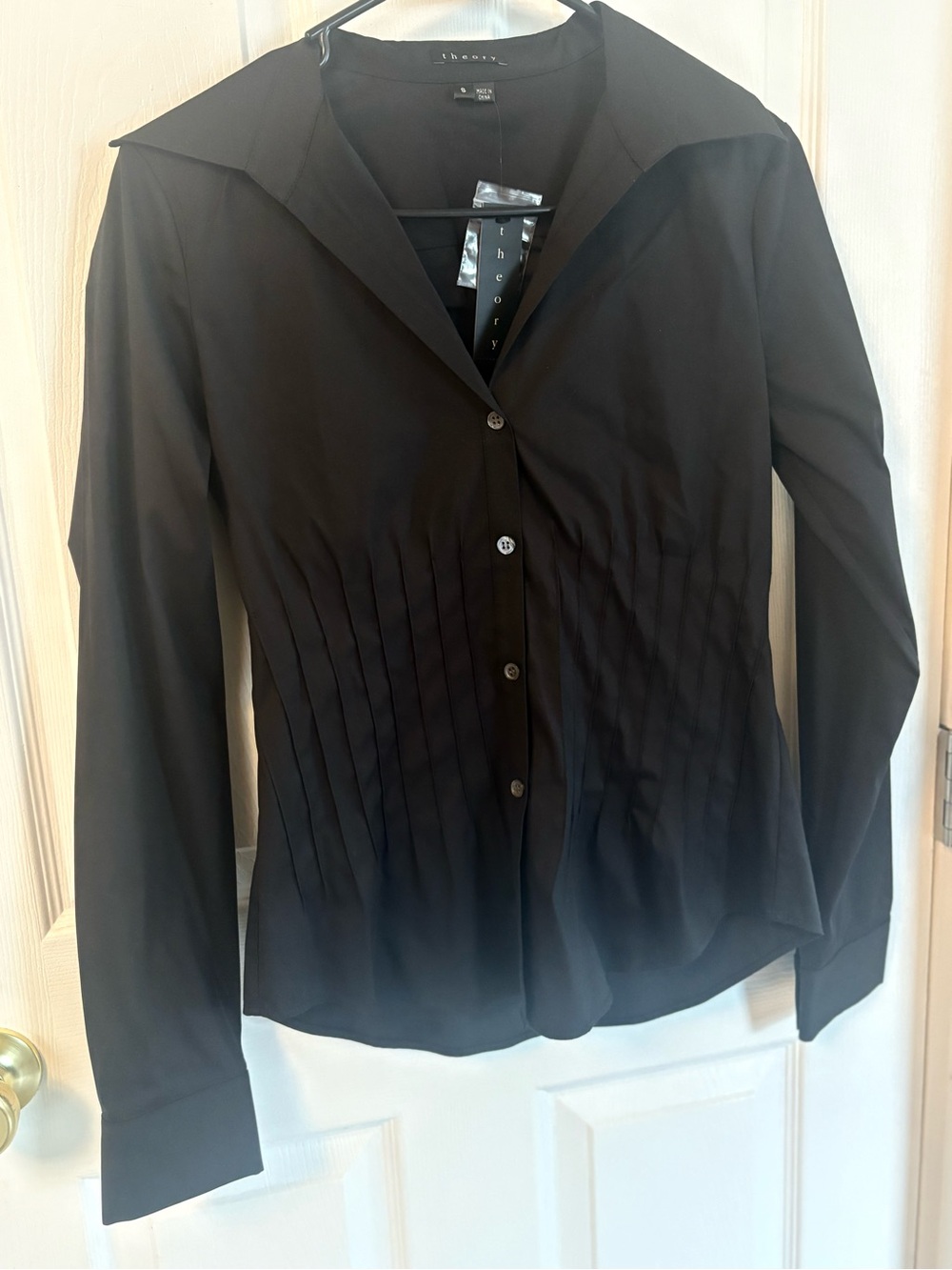 Theory Valerie Luxe Black Blouse Button Front Pleated Blazer Top NWT S $195